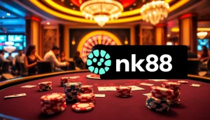Experience high-stakes action at nk88's elegant casino, featuring poker tables and a vibrant roulette wheel.