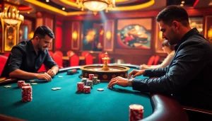 KJC xx88 players strategizing at a luxury casino poker table amidst vibrant lights.