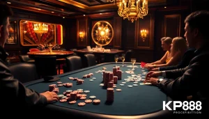 Experience thrilling gaming at KP88's luxurious casino with vibrant poker tables.