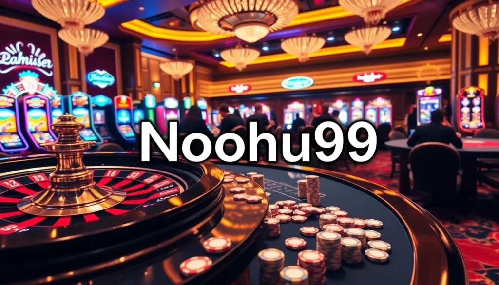Nohu90 casino scene showcasing roulette, poker chips, and slot machines in a luxurious environment.