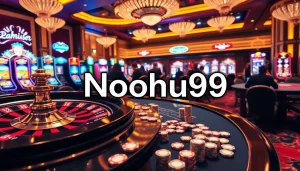 Nohu90 casino scene showcasing roulette, poker chips, and slot machines in a luxurious environment.