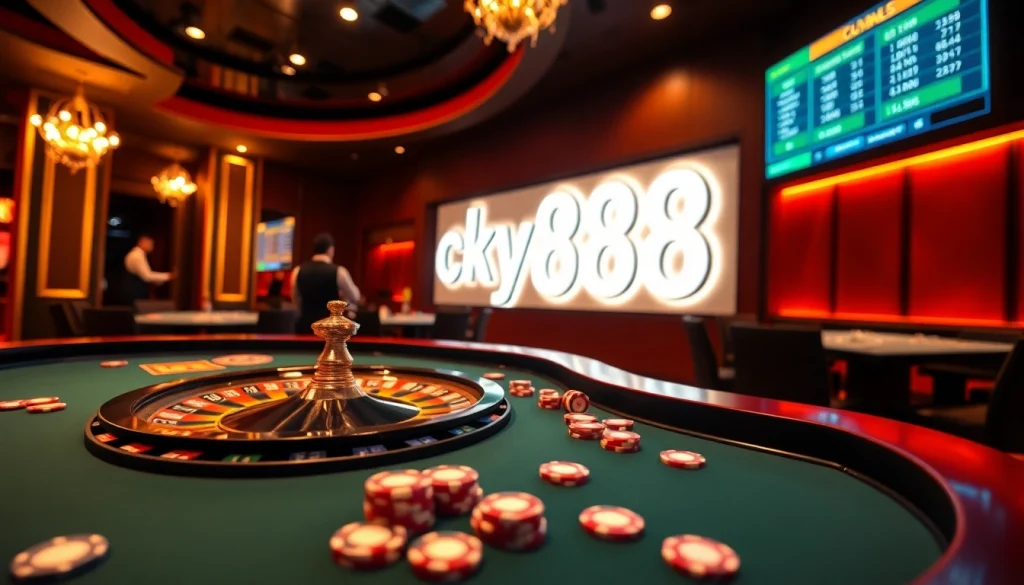 Experience the thrill of live gaming with lucky88 com at an upscale casino featuring roulette and poker tables.