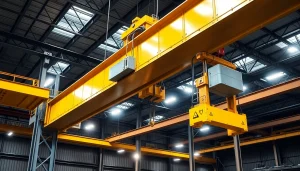 Bridge crane lifting steel beams in a well-lit industrial warehouse.