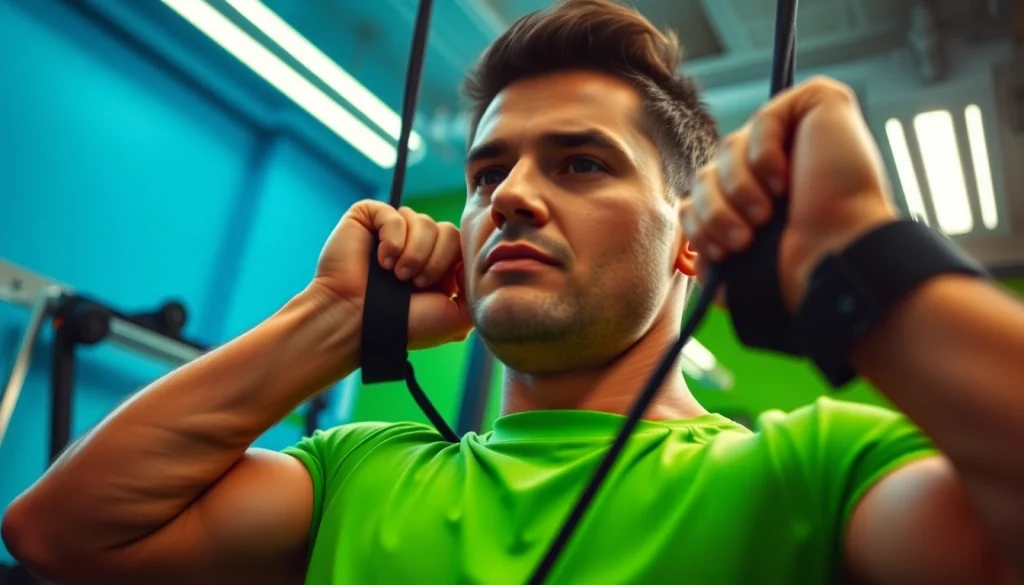 Person using assisted pull-up bands for strength training in a gym