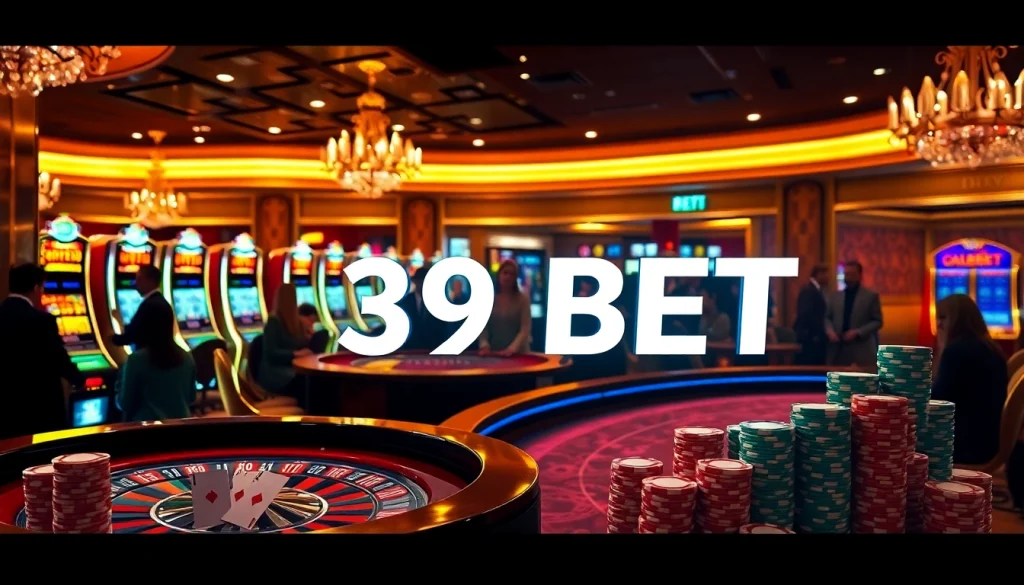 Players enjoying a thrilling game at 39BET’s luxurious casino with vibrant slot machines.