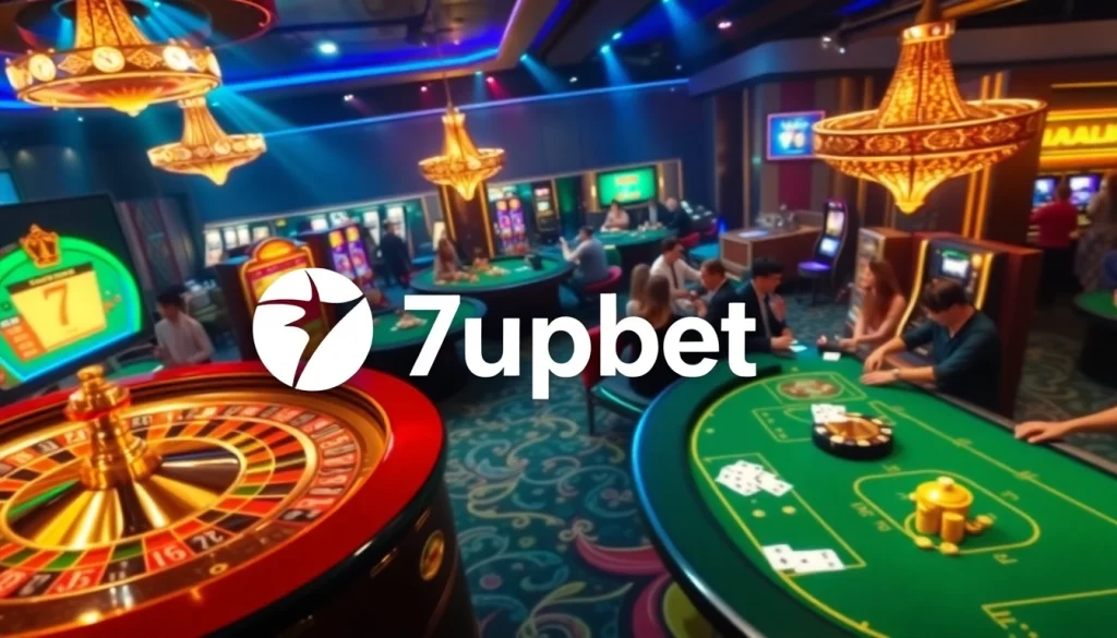 Experience thrilling gameplay at 7upbet, featuring vibrant casino tables, cards, and roulette wheels.