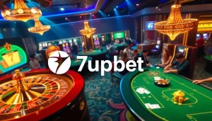 Experience thrilling gameplay at 7upbet, featuring vibrant casino tables, cards, and roulette wheels.