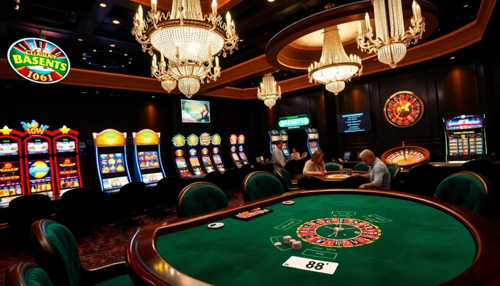Exciting casino scene featuring a luxurious poker table and vibrant slot machines showcasing 88i.