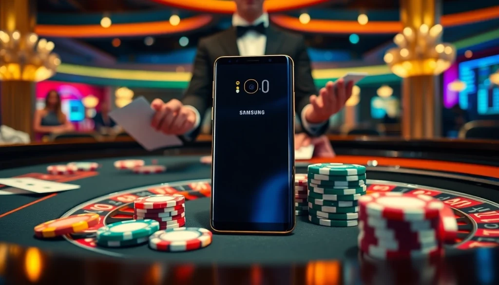 Experience the excitement of gambling with the Samsung Galaxy S8 amidst casino chips and cards.