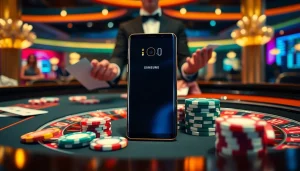 Experience the excitement of gambling with the Samsung Galaxy S8 amidst casino chips and cards.