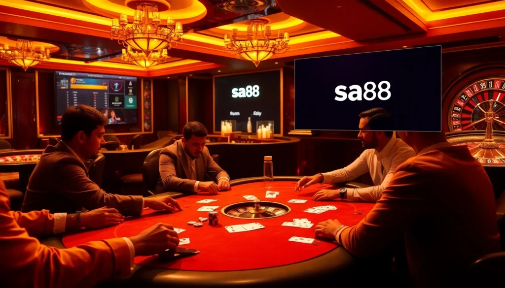 Players strategizing a thrilling game of poker at sa88 casino table illuminated in luxurious lighting.