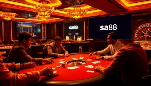 Players strategizing a thrilling game of poker at sa88 casino table illuminated in luxurious lighting.