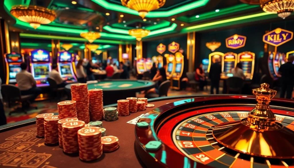 Experience the excitement of rik vip with a luxurious casino scene featuring vibrant cards and roulette wheel.