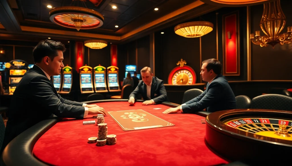 Players strategizing at a high-stakes poker table in a luxurious 88i casino.
