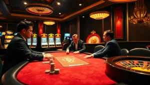 Players strategizing at a high-stakes poker table in a luxurious 88i casino.