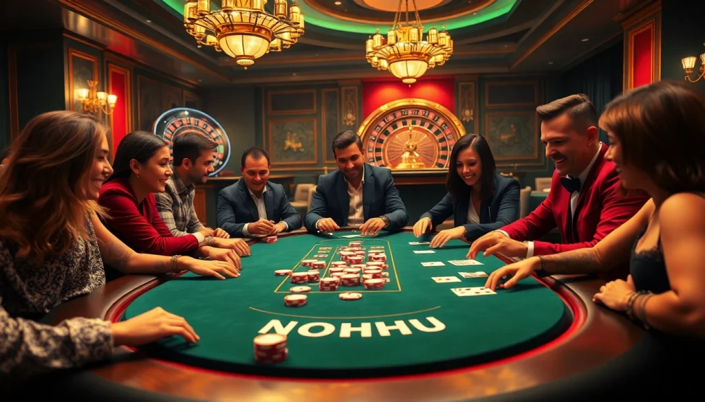 NoHU poker players enjoying a thrilling game at a luxurious casino table.
