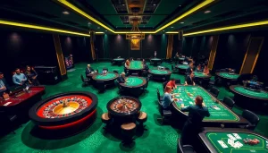 Engaging scene of Tool xổ số siêu tốc in a luxurious casino atmosphere with vibrant roulette and poker tables.