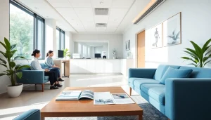 包茎手術 東京のクリニック。快適な座席と案内資料を備えた雰囲気。