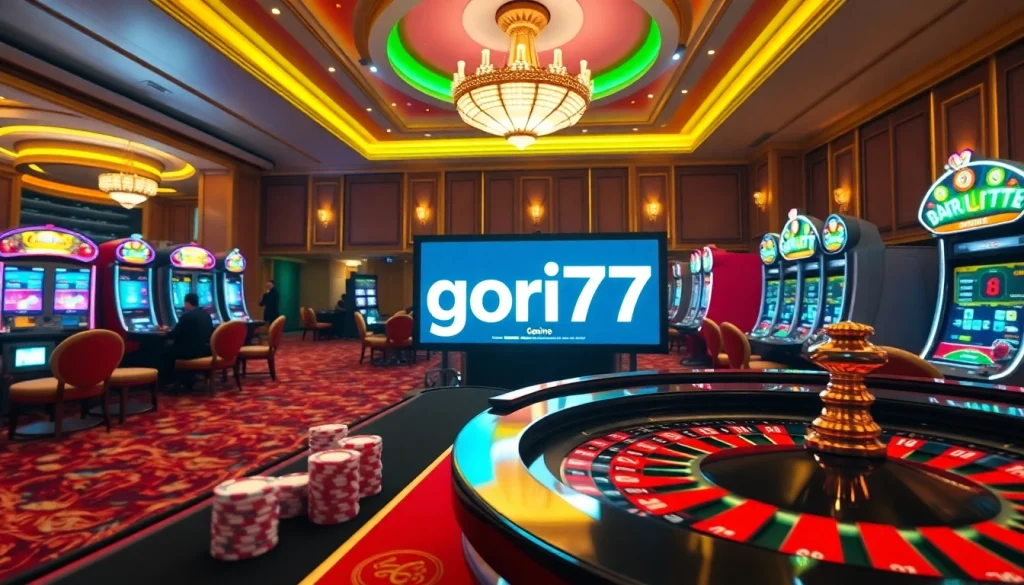 Exciting casino scene with players at a roulette table and slot machines promoting gori77 for online gamblers.