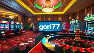 Exciting casino scene with players at a roulette table and slot machines promoting gori77 for online gamblers.