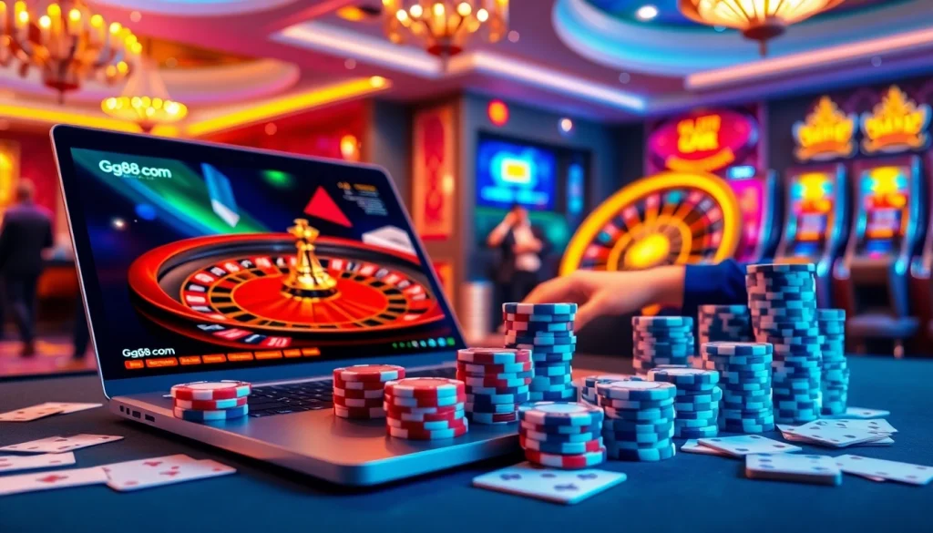 Engage in thrilling gambling at gg88com with vibrant casino visuals featuring poker chips and roulette wheels.