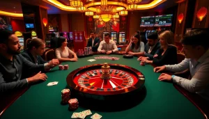 Players enjoying the exciting atmosphere of 23win casino with vibrant poker tables and roulette wheels.