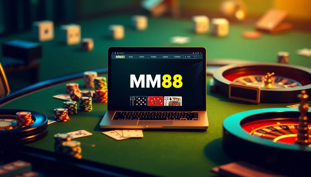 MM88 casino scene featuring poker chips, roulette wheel, and a laptop displaying the MM88 website.
