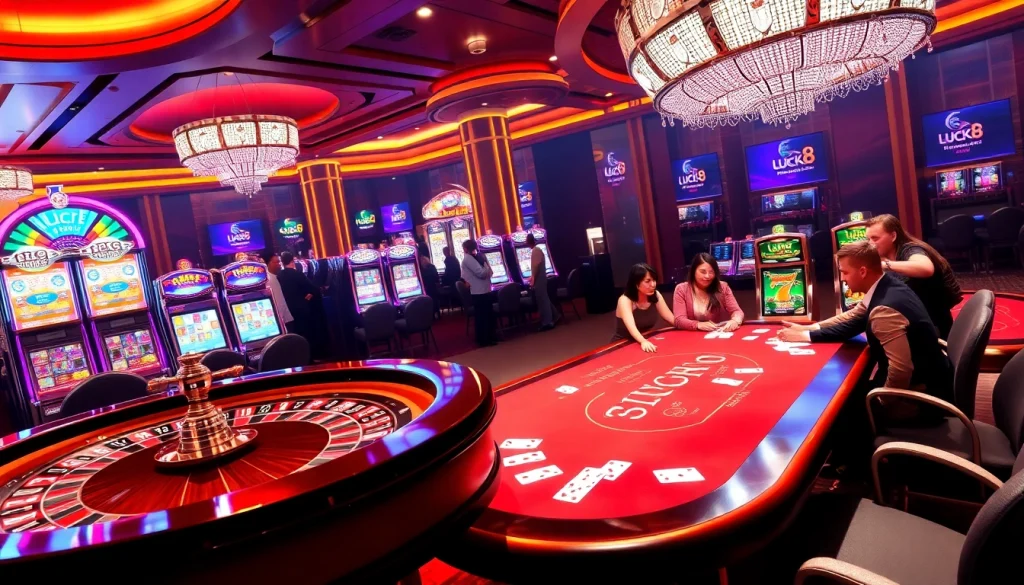 Trải nghiệm casino đầy kích thích với nhận diện thương hiệu LUCK8, bao gồm bàn roulette và poker.