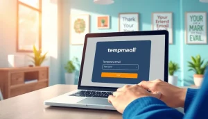 Generate a temp mail temporary email using a laptop in a cozy office setting.