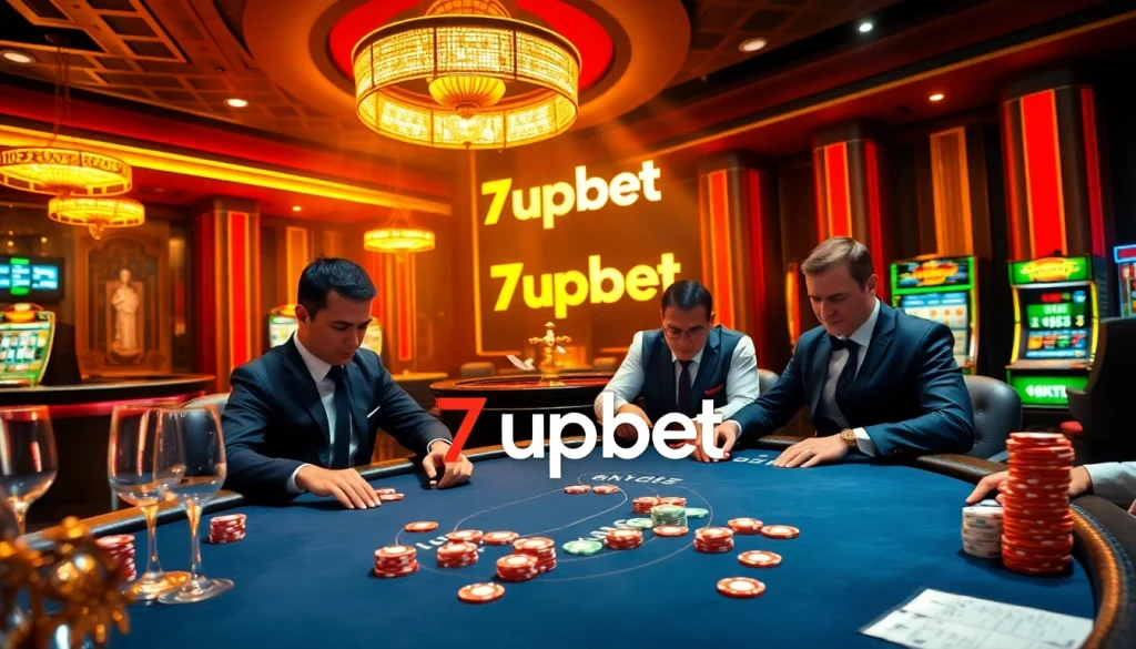 Players at a poker table engaging in high-stakes gambling at 7upbet casino, showcasing chips and excitement.