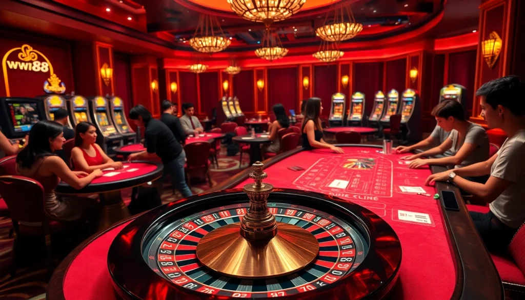 Experience thrilling gaming action with the ww88 casino atmosphere, featuring vibrant roulette and poker games.