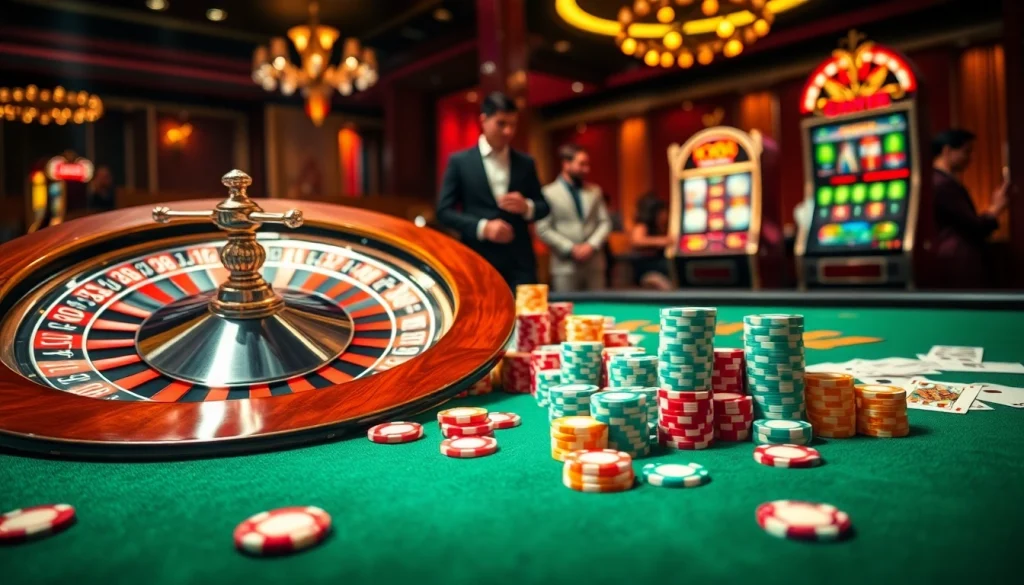 Experience thrilling kx8 gameplay with poker chips and roulette wheels in a luxurious casino atmosphere.