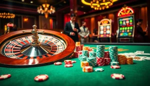 Experience thrilling kx8 gameplay with poker chips and roulette wheels in a luxurious casino atmosphere.