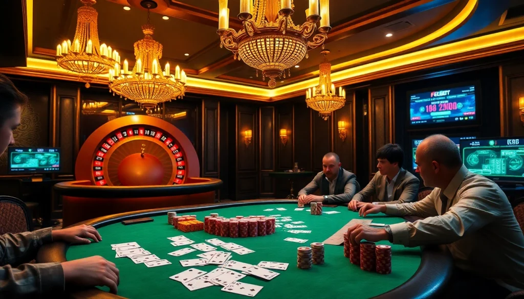 Engaging poker game at a luxurious table showcasing febet4.art with colorful chips and cards.
