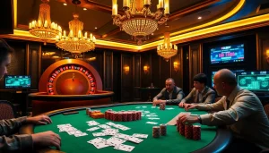 Engaging poker game at a luxurious table showcasing febet4.art with colorful chips and cards.