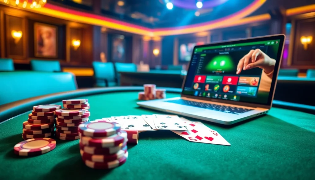 Exciting online poker gameplay at Dominoqiu featuring vibrant cards and poker chips.