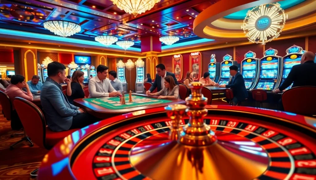 Xôi Xoài TV features an exciting casino scene with players engaging at roulette and poker tables.