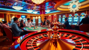Xôi Xoài TV features an exciting casino scene with players engaging at roulette and poker tables.