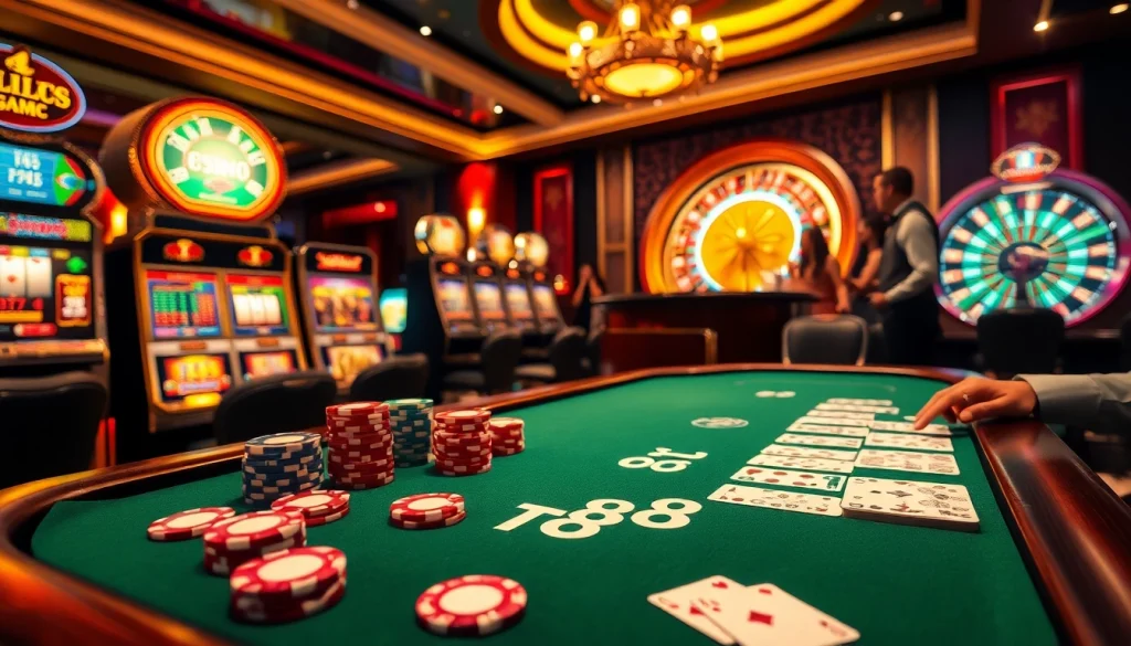 Exciting casino scene with TT88 themed poker chips, cards, and vibrant slot machines.