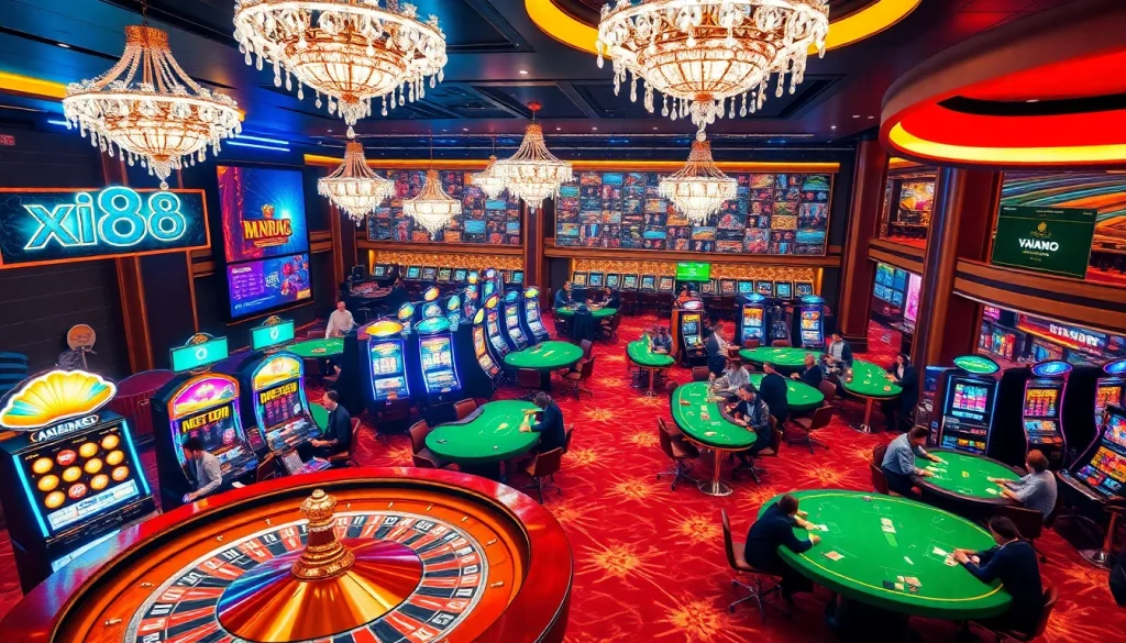 Engage with the excitement of xin88 com at a vibrant casino with players at roulette and poker tables.