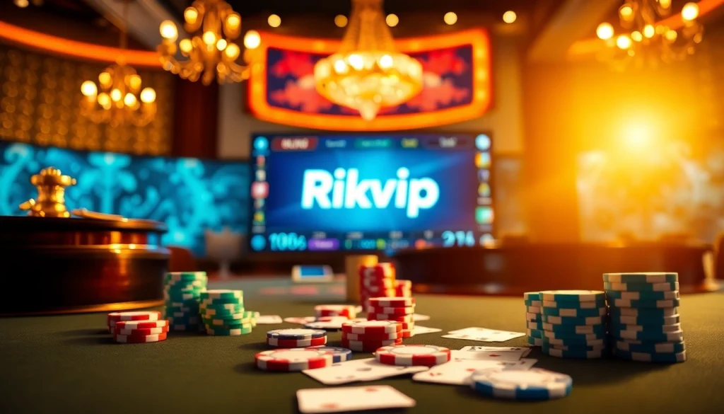 Engaging players at the Rikvip casino table with luxurious poker chips and cards.