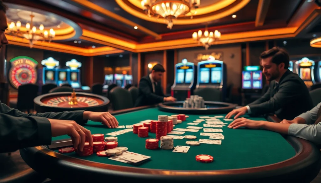 Experience the thrill of 388bet with an elegant casino scene featuring poker and roulette.