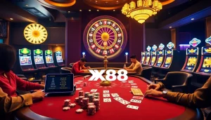 Experience the thrill of XX88 with players enjoying poker and roulette in a luxurious casino setting.