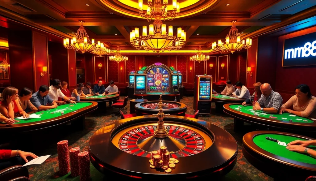 Players engaging in thrilling games at mm88 casino tables with vibrant visuals and luxurious vibes.