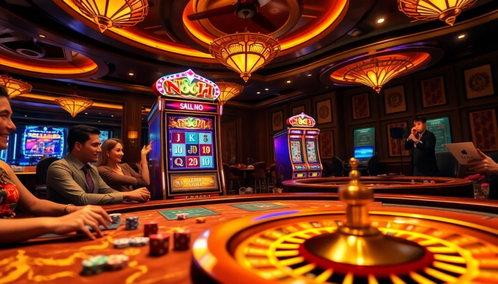 Engaging players at a nổ hũ slot machine, showcasing excitement in a vibrant casino environment.