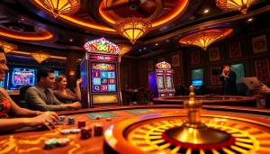 Engaging players at a nổ hũ slot machine, showcasing excitement in a vibrant casino environment.