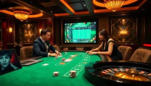 Engaging gamblers at the blackjack table, showcasing https://kjc.football/ in a luxurious casino setting.