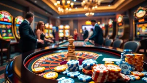 Players enjoying the thrill of gambling at Hb 88 casino, with vibrant roulette table and engaging dealer.
