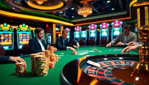 Players enjoy intense poker action at a thriving casino table adorned with cm88 branding and high-stakes chips.