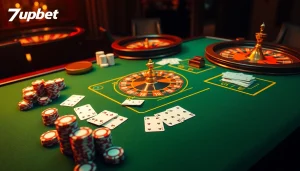 Experience high-stakes gambling with 7upbet at an elegant casino table featuring poker chips and cards.